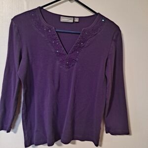Crof &barrow Ann Taylor Purple Long Sleeve V-Neck Embellished Top